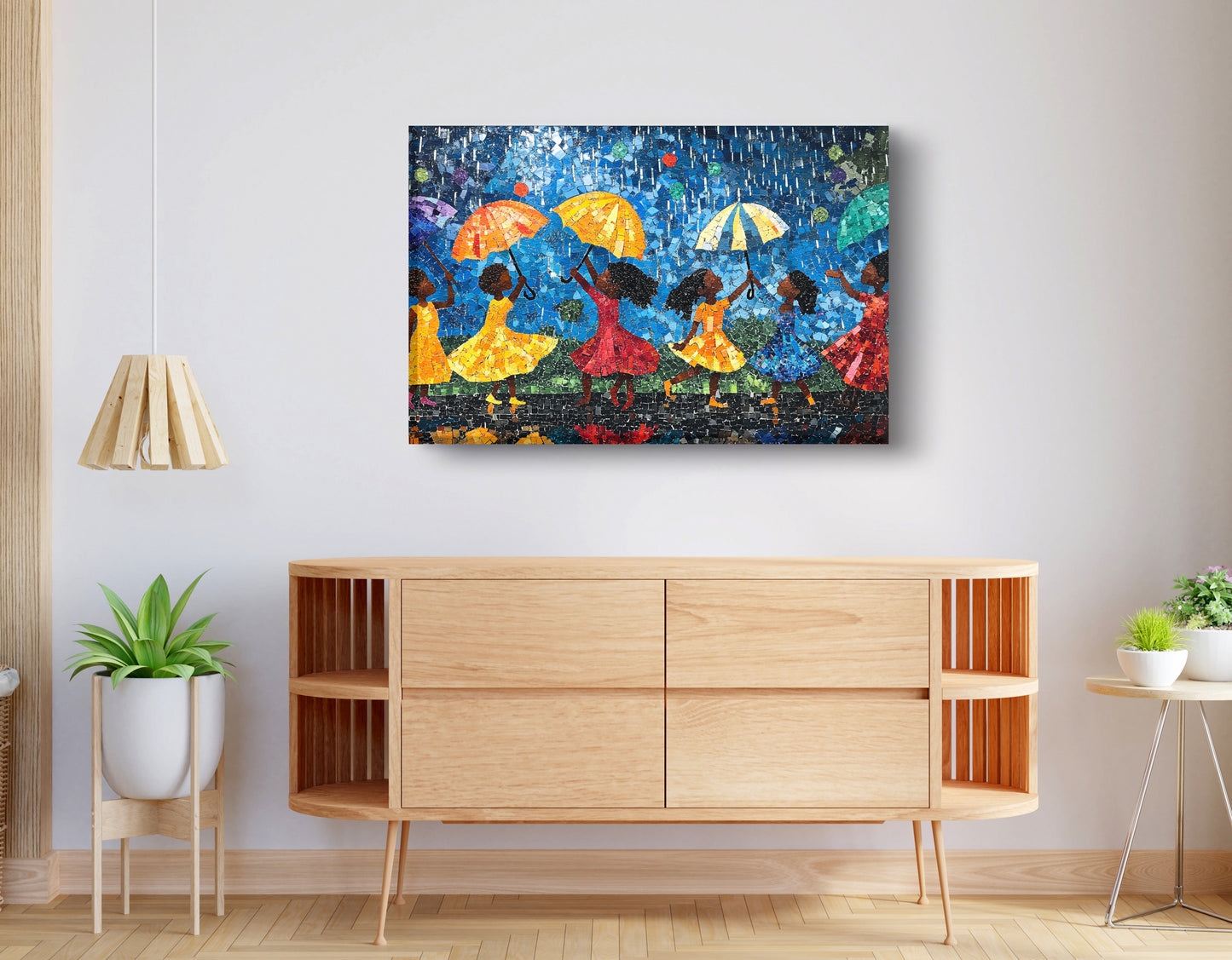 Black Girls Rainy Day Black children wall art displayed as living room wall decor