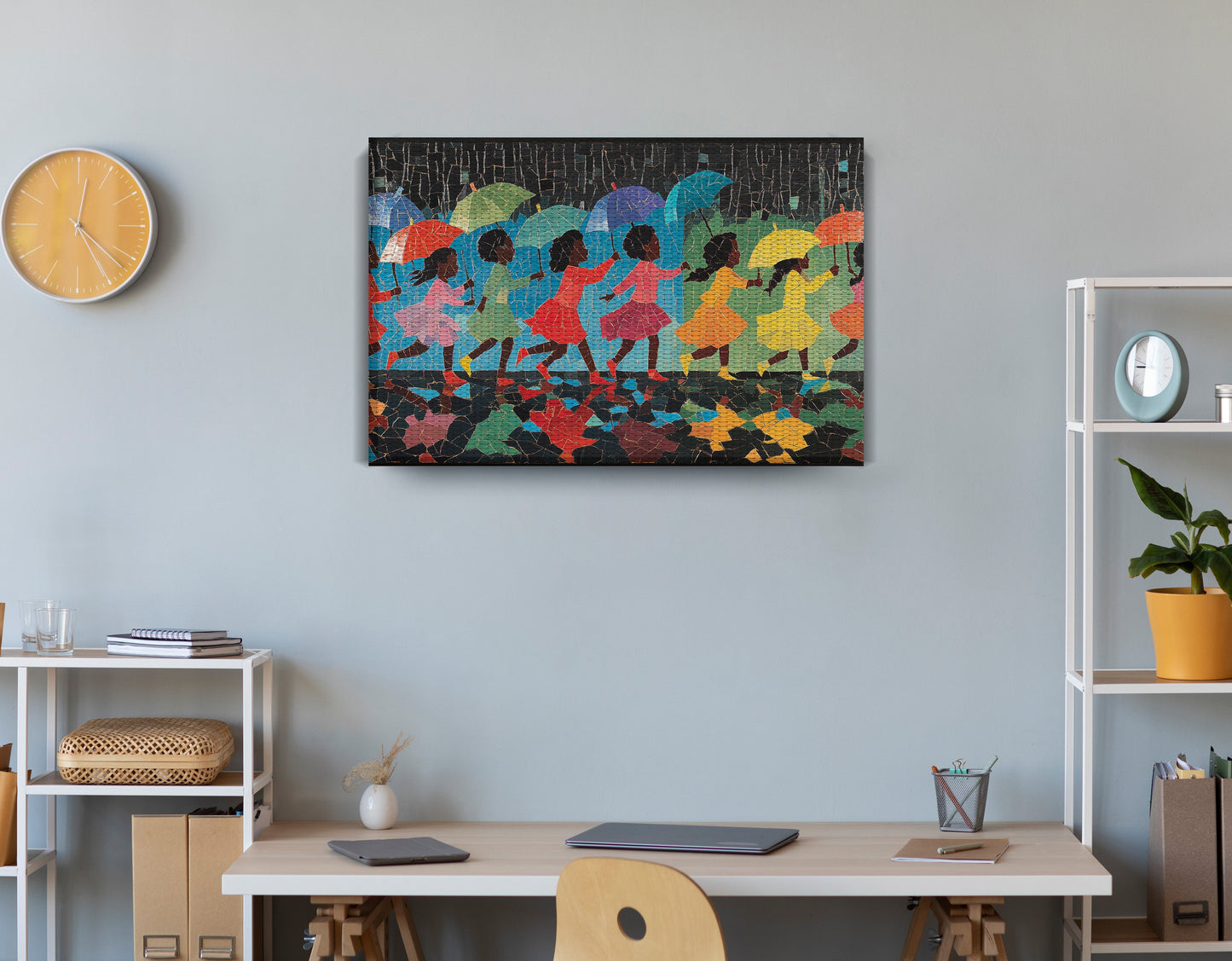 Black Girls Umbrella Dance Black children wall art displayed as office wall decor