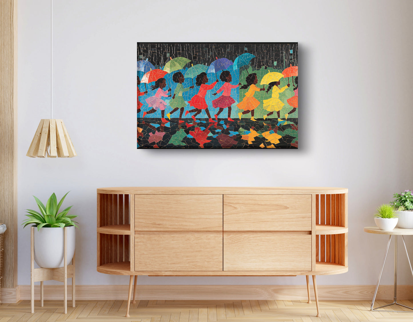 Black Girls Umbrella Dance Black children wall art displayed as living room wall decor
