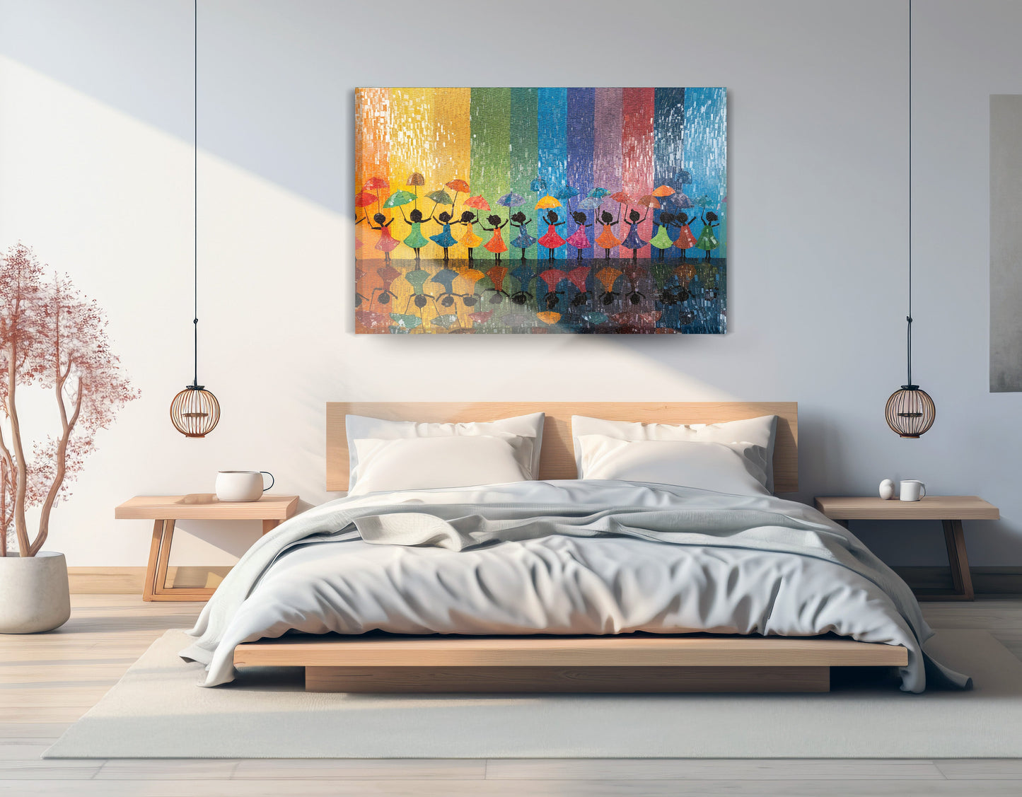 Black Girls Rainbow Umbrella Black children wall art displayed as bedroom wall decor