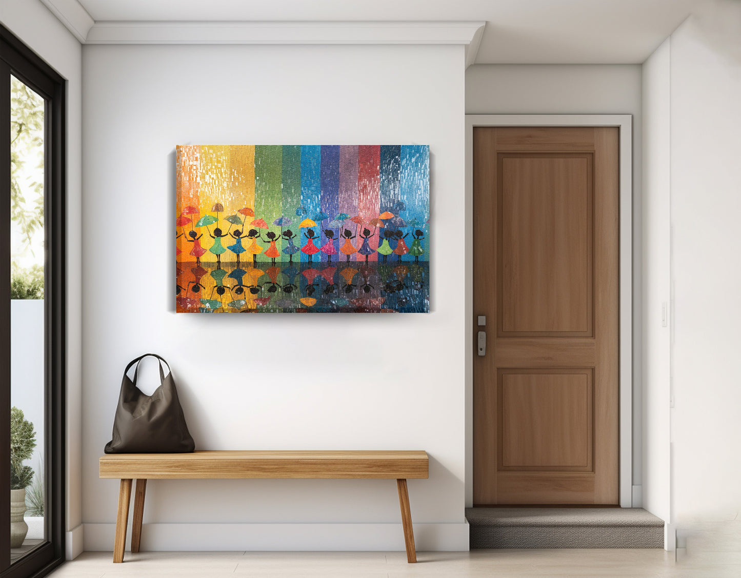 Black Girls Rainbow Umbrella Black children wall art displayed as entryway wall decor
