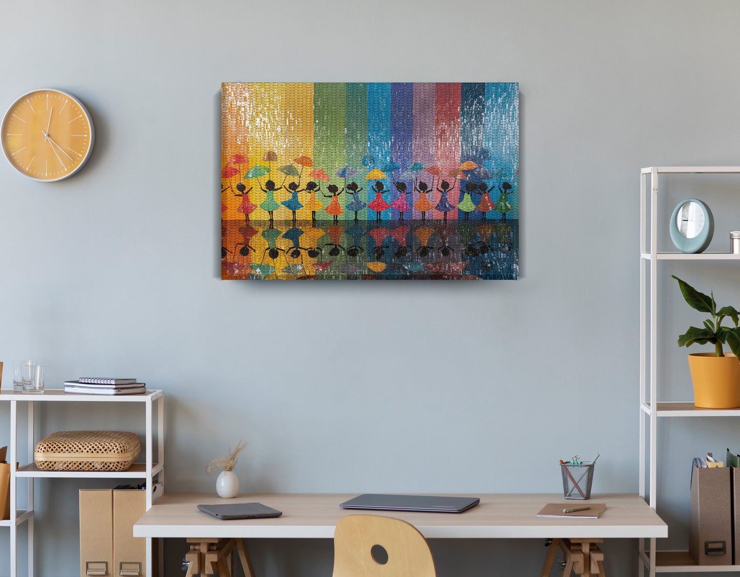 Black Girls Rainbow Umbrella Black children wall art displayed as office wall decor