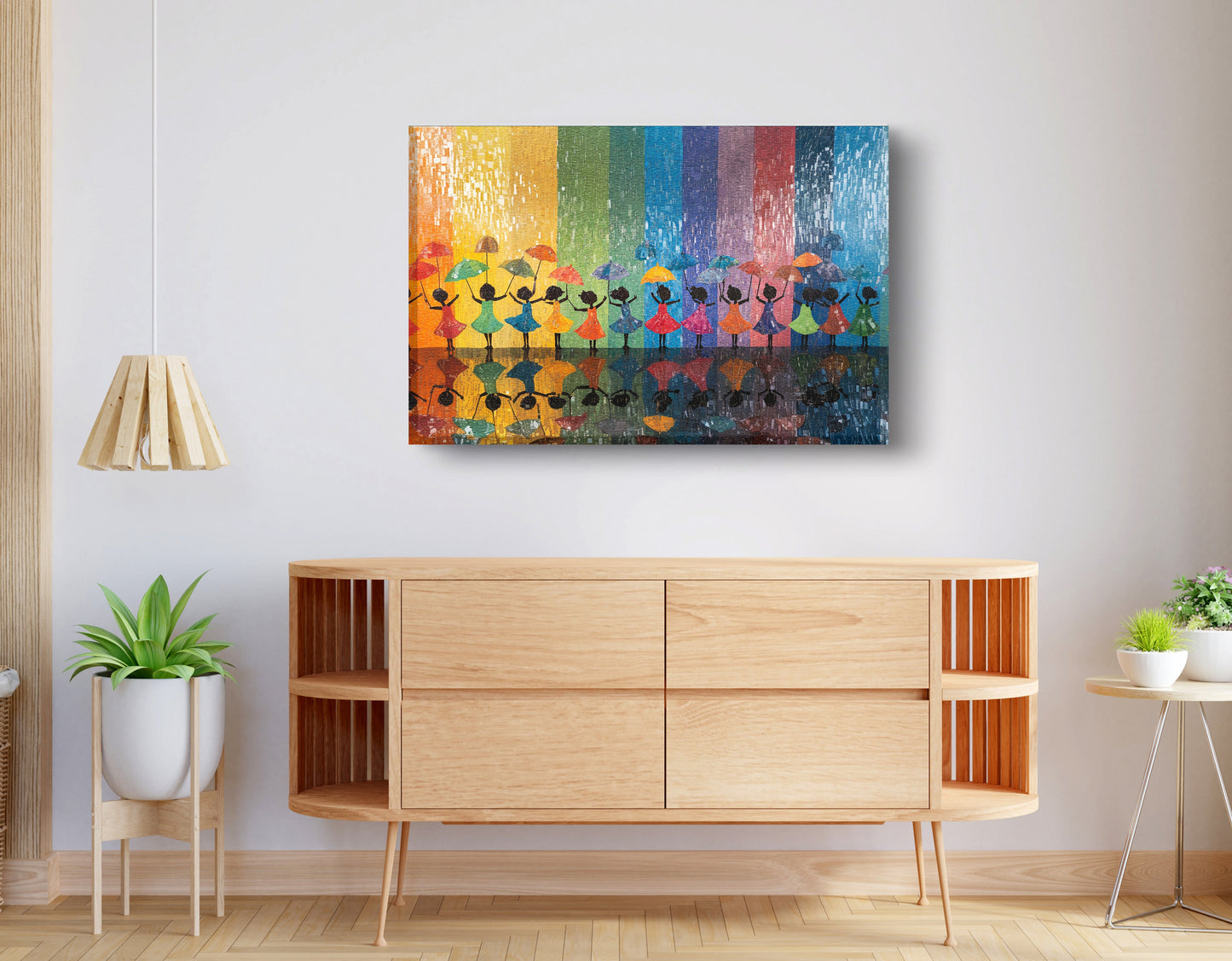 Black Girls Rainbow Umbrella Black children wall art displayed as living room wall decor