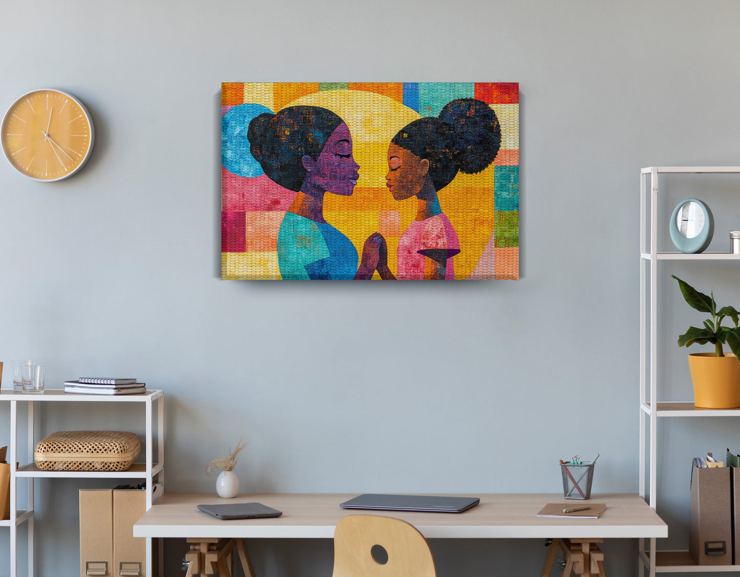 Black Women Prayer Portrait Black woman wall art displayed as office wall decor