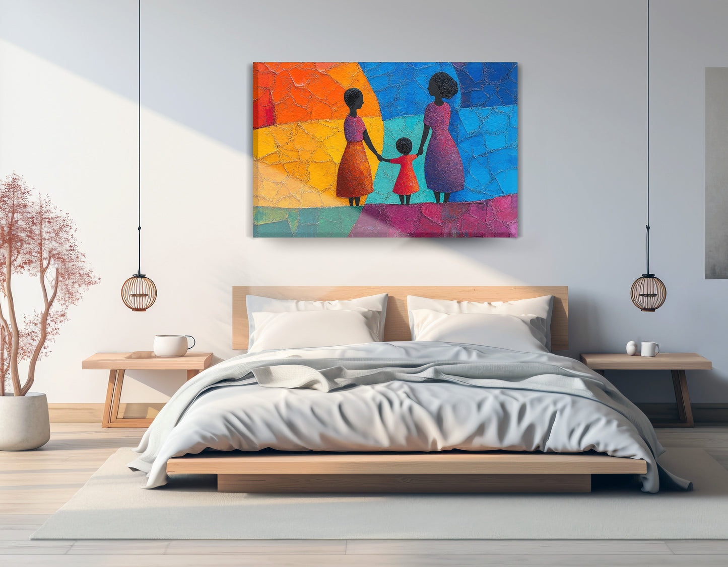 Black Mother and Child Abstract Black family wall art displayed as bedroom wall decor