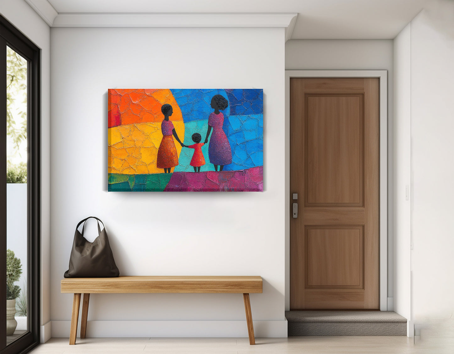 Black Mother and Child Abstract Black family wall art displayed as entryway wall decor