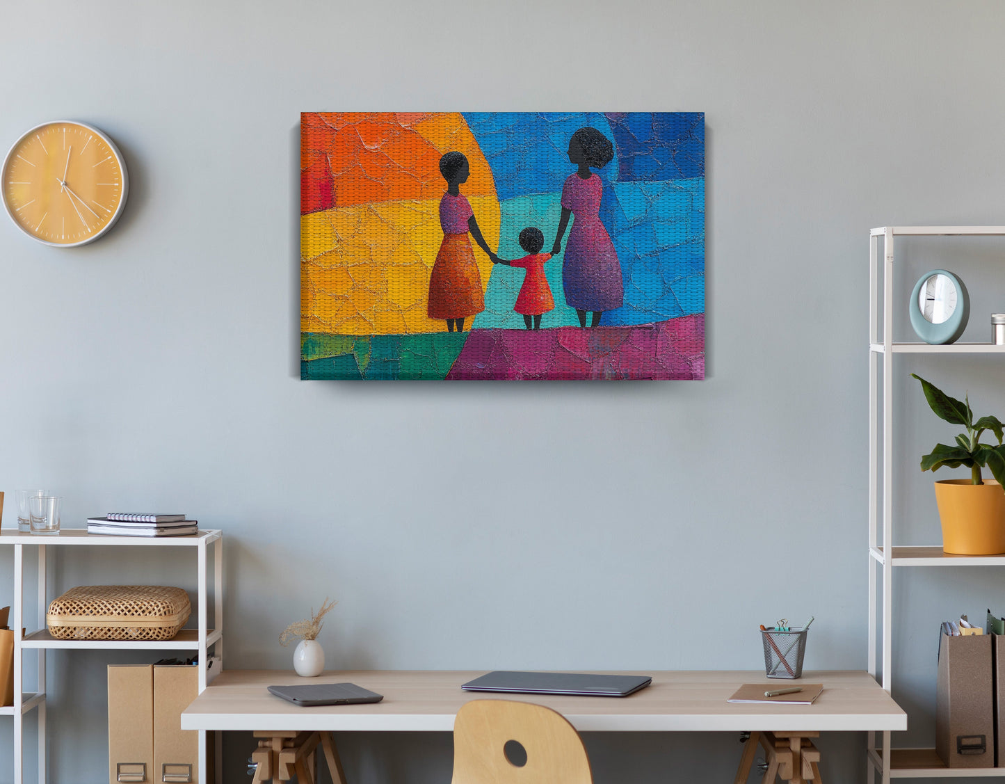 Black Mother and Child Abstract Black family wall art displayed as office wall decor