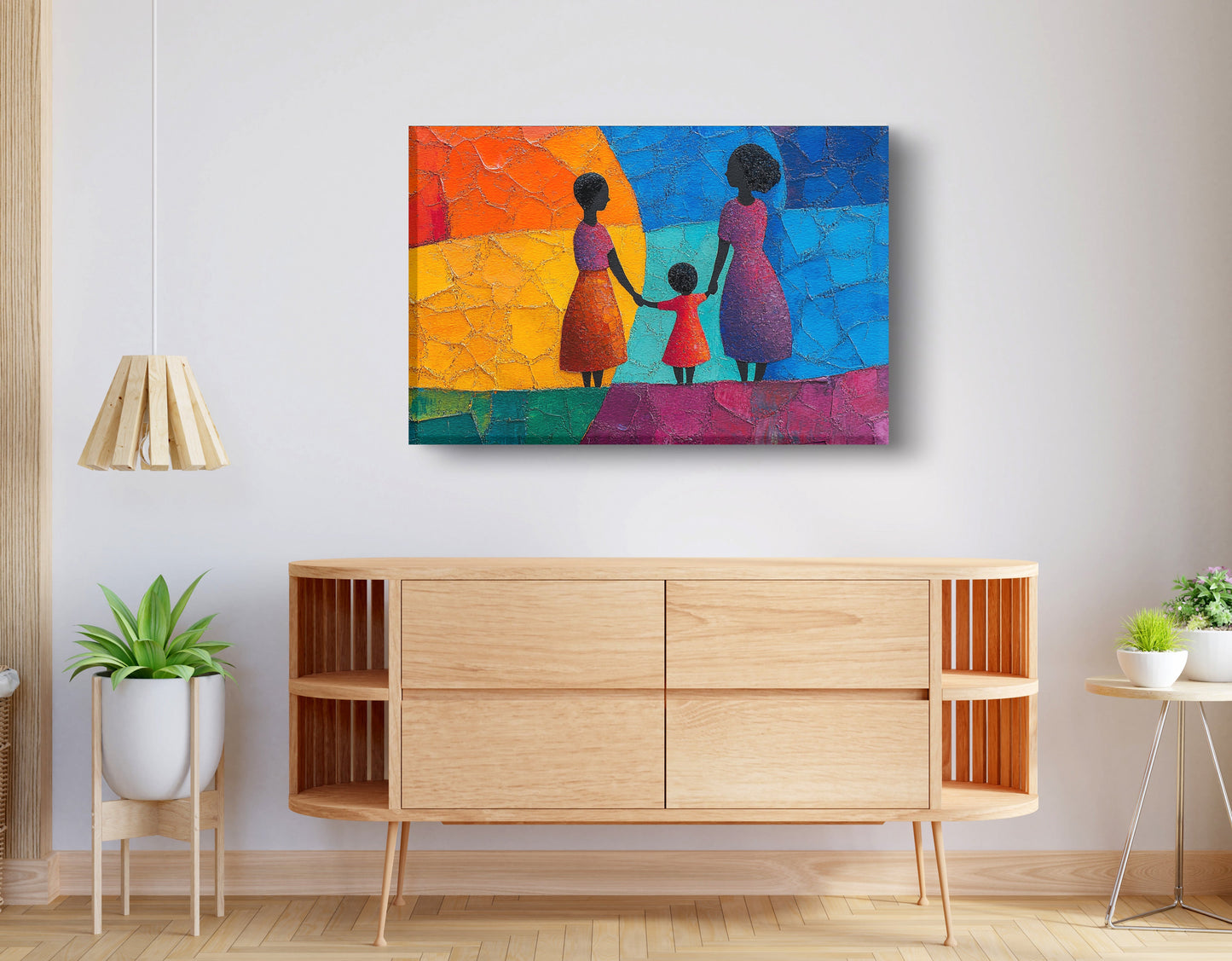 Black Mother and Child Abstract Black family wall art displayed as living room wall decor