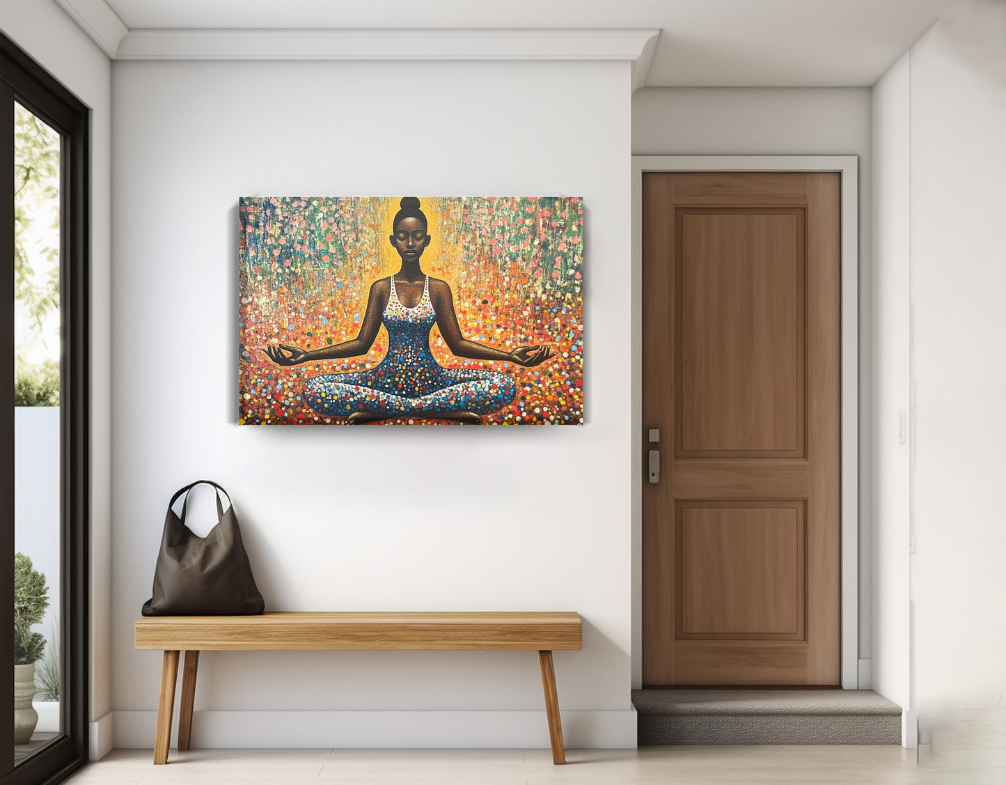 Black Woman Meditation Floral African American wall art displayed as entryway wall decor