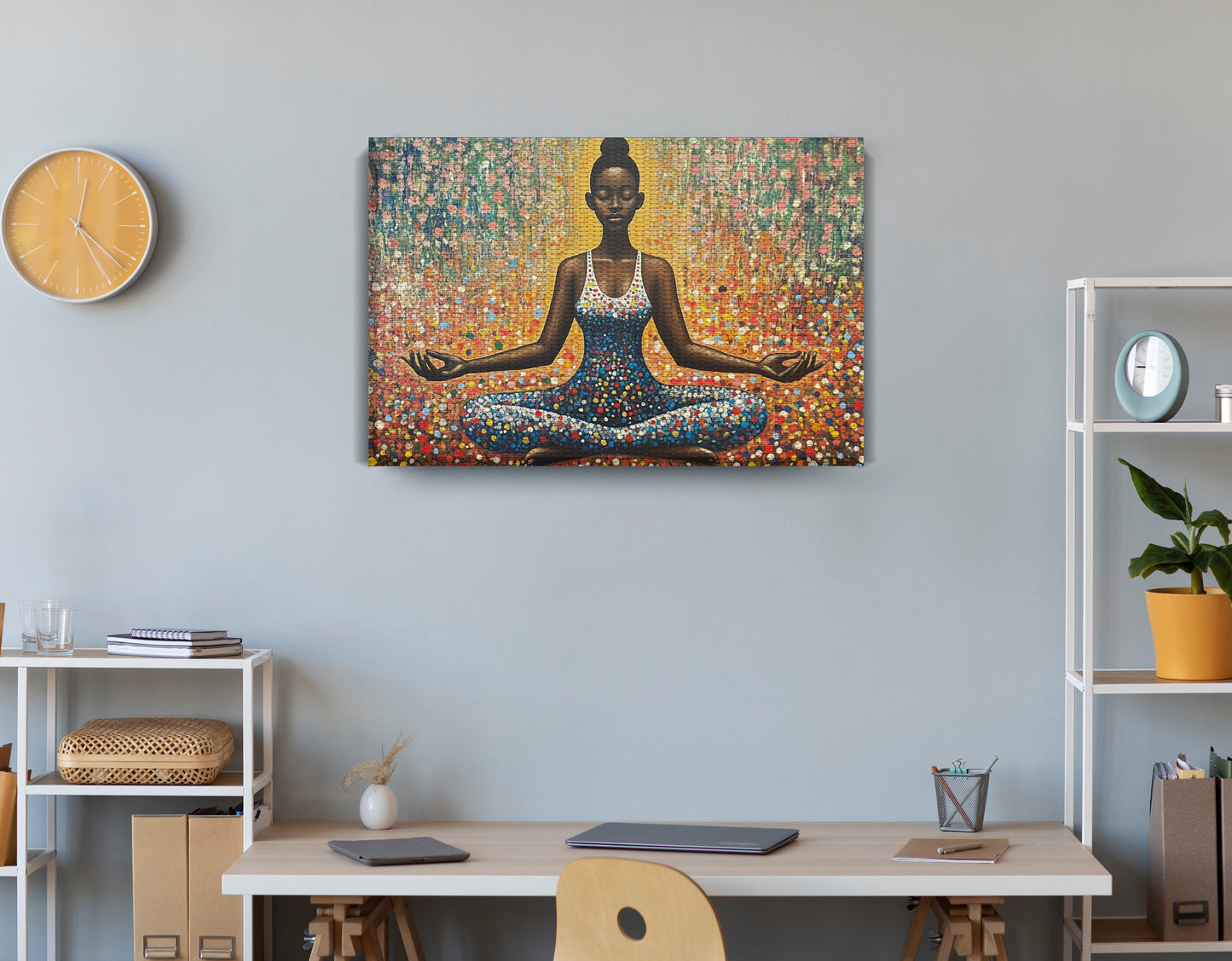 Black Woman Meditation Floral African American wall art displayed as office wall decor