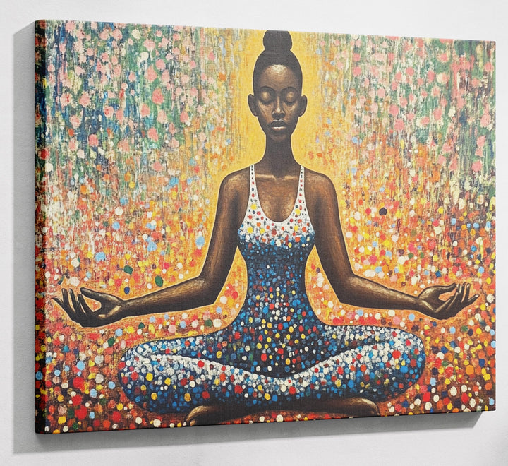 Black Woman Meditation Floral African American wall art canvas print with visible wall art format