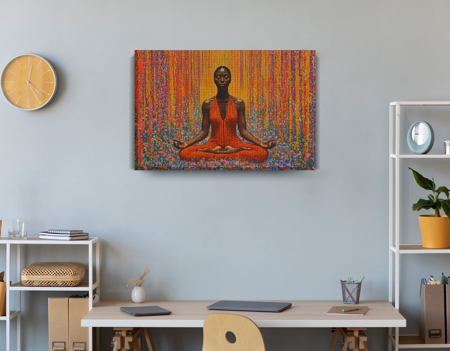 Black Woman Red Yoga Meditation African American wall art displayed as office wall decor