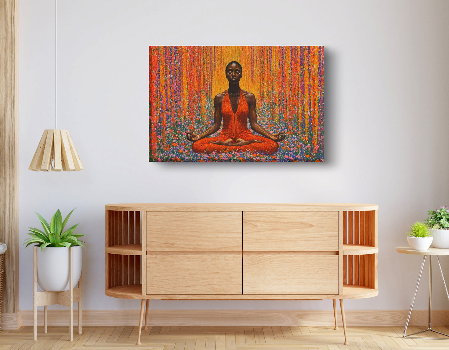 Black Woman Red Yoga Meditation African American wall art displayed as living room wall decor