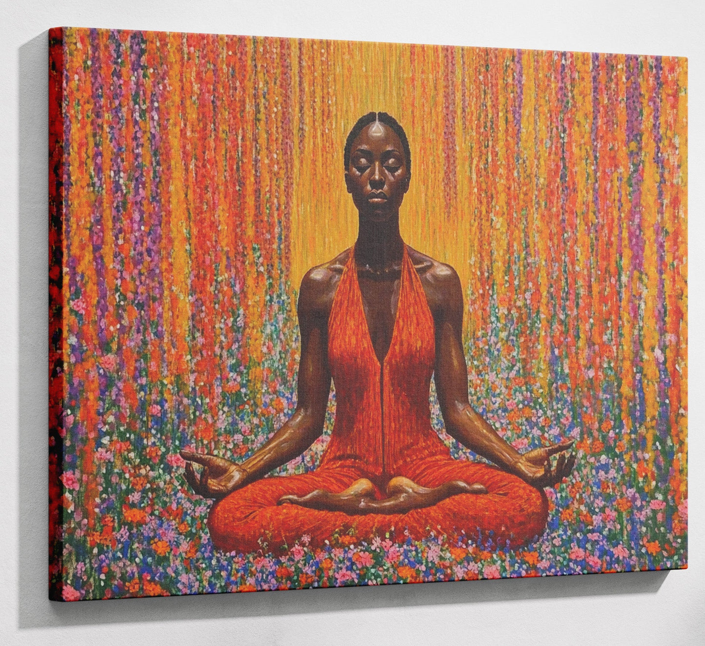 Black Woman Red Yoga Meditation African American wall art canvas print with visible wall art format