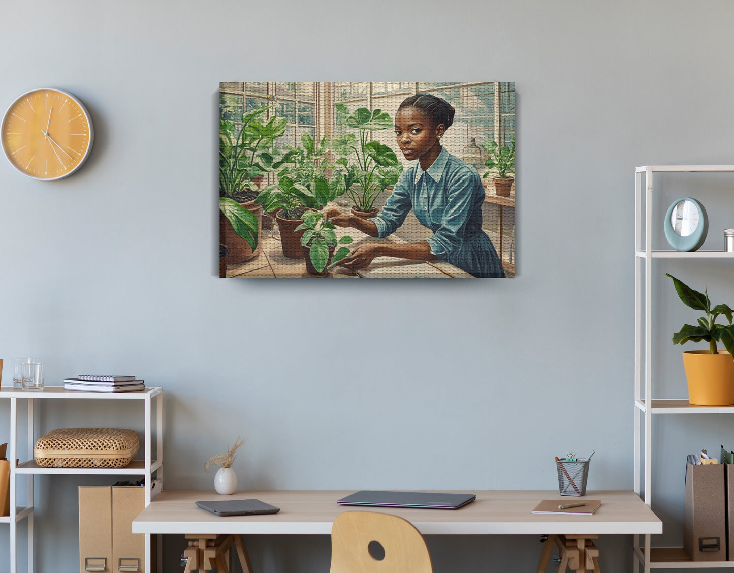 Black Girl Plant Lover Black children wall art displayed as office wall decor