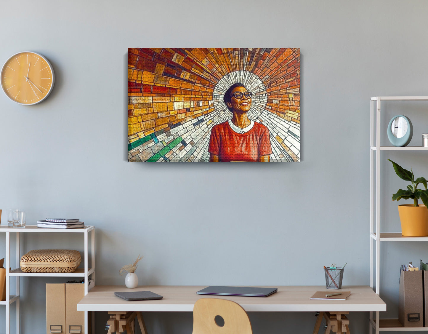 Black Woman Joyful Portrait African American wall art displayed as office wall decor