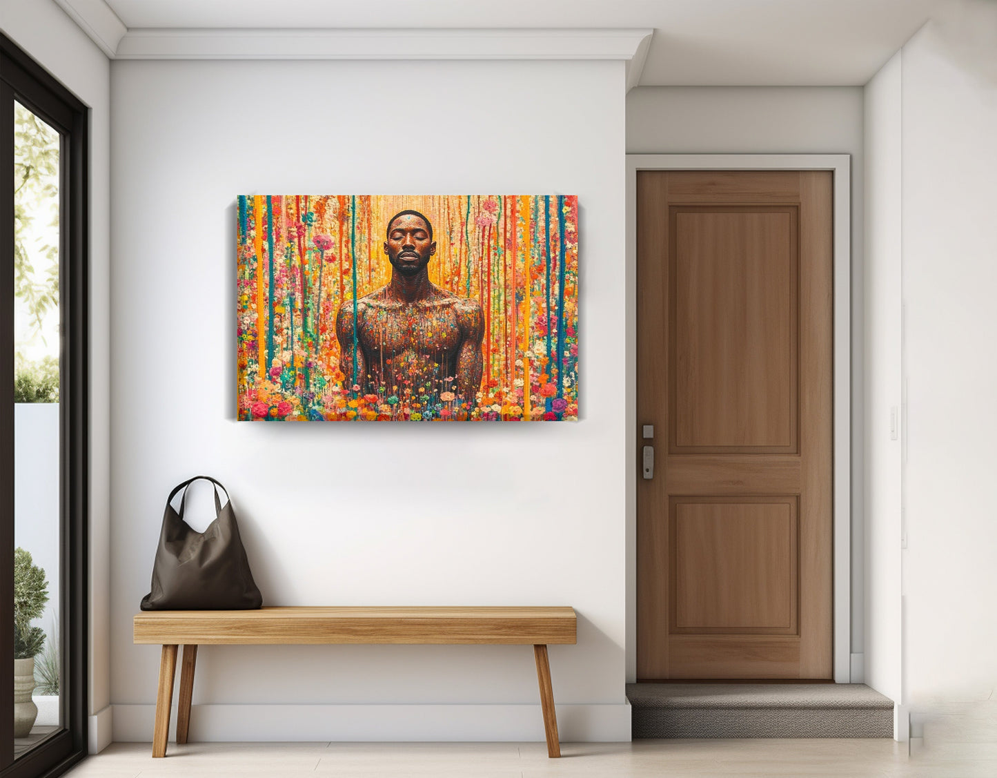 Black Man Floral Portrait African American wall art displayed as entryway wall decor