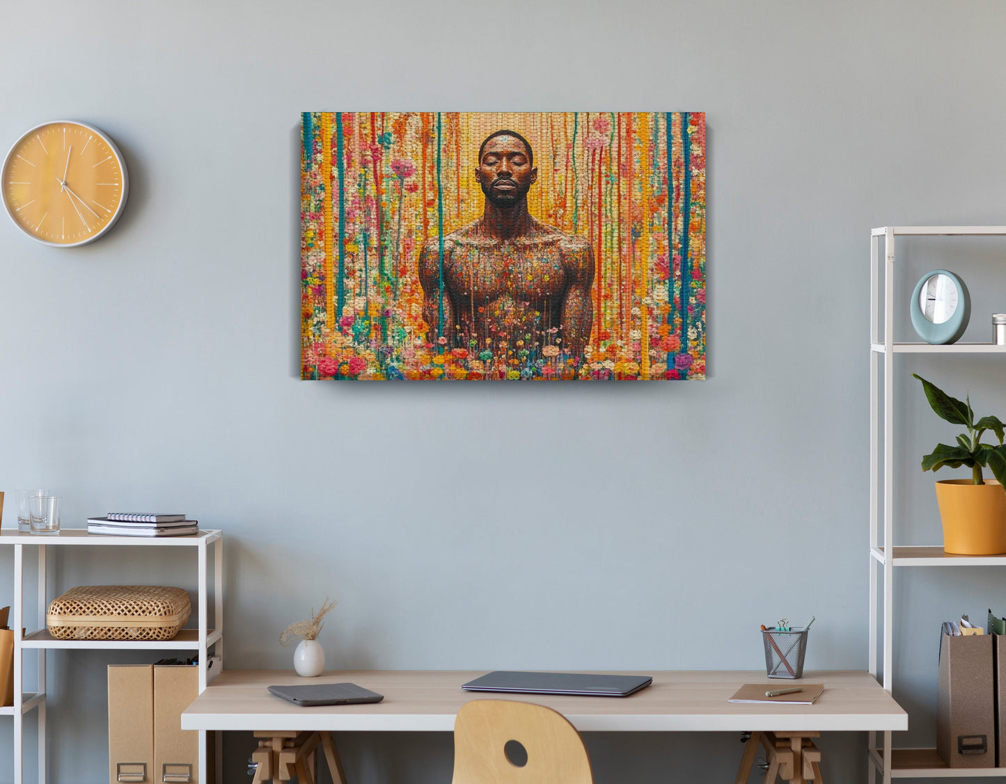 Black Man Floral Portrait African American wall art displayed as office wall decor