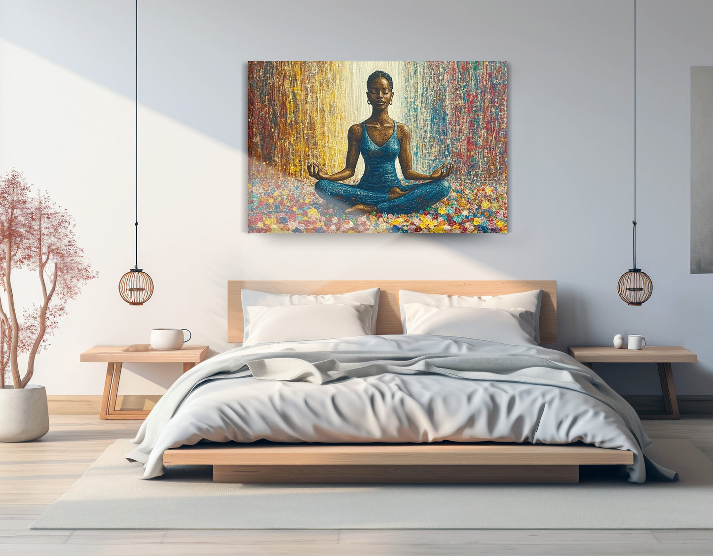 Black Woman Blue Yoga African American wall art displayed as bedroom wall decor
