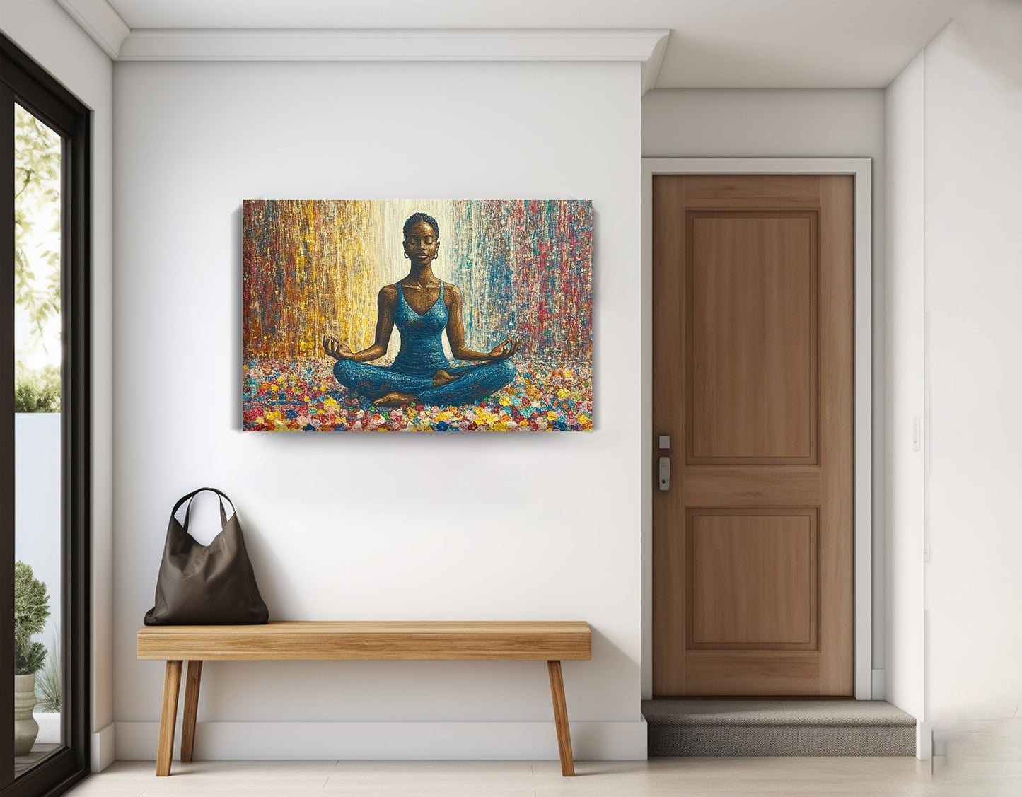 Black Woman Blue Yoga African American wall art displayed as entryway wall decor