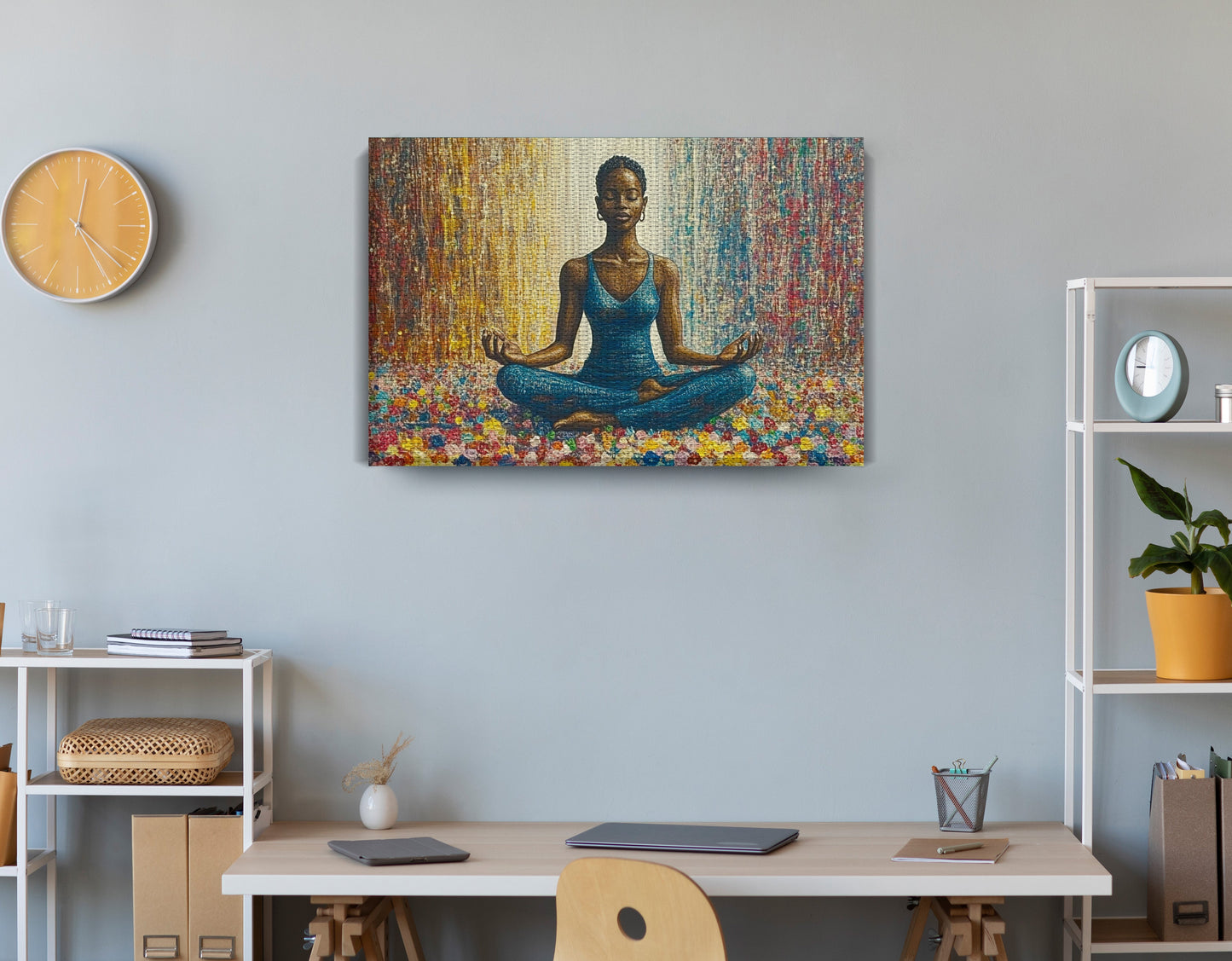 Black Woman Blue Yoga African American wall art displayed as office wall decor