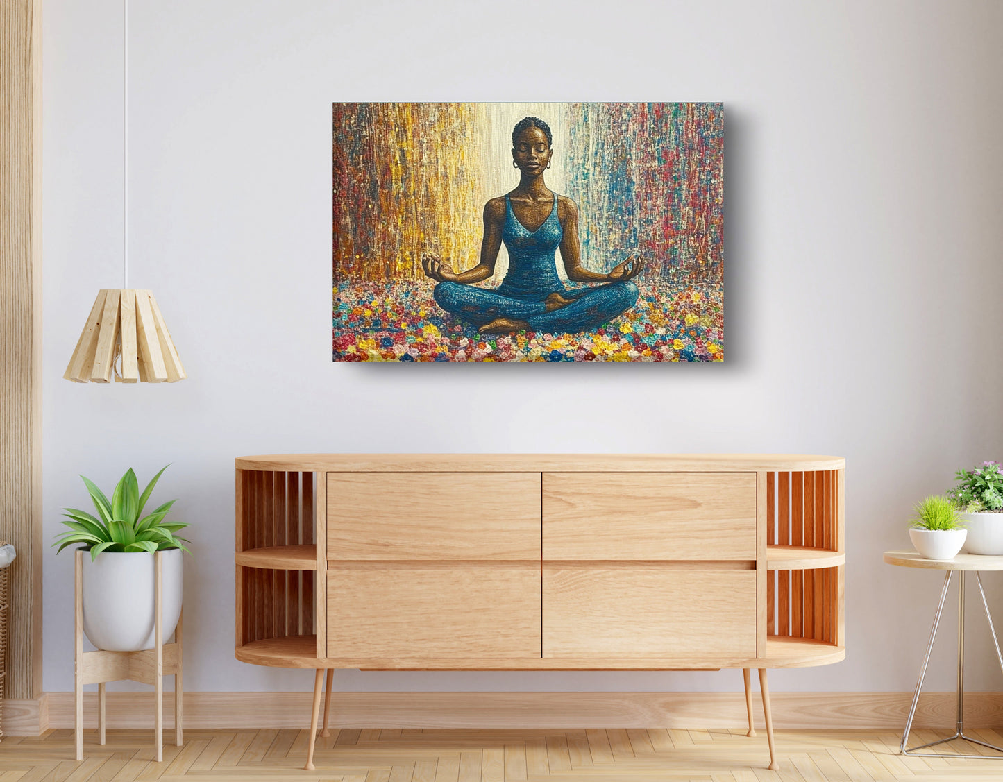 Black Woman Blue Yoga African American wall art displayed as living room wall decor