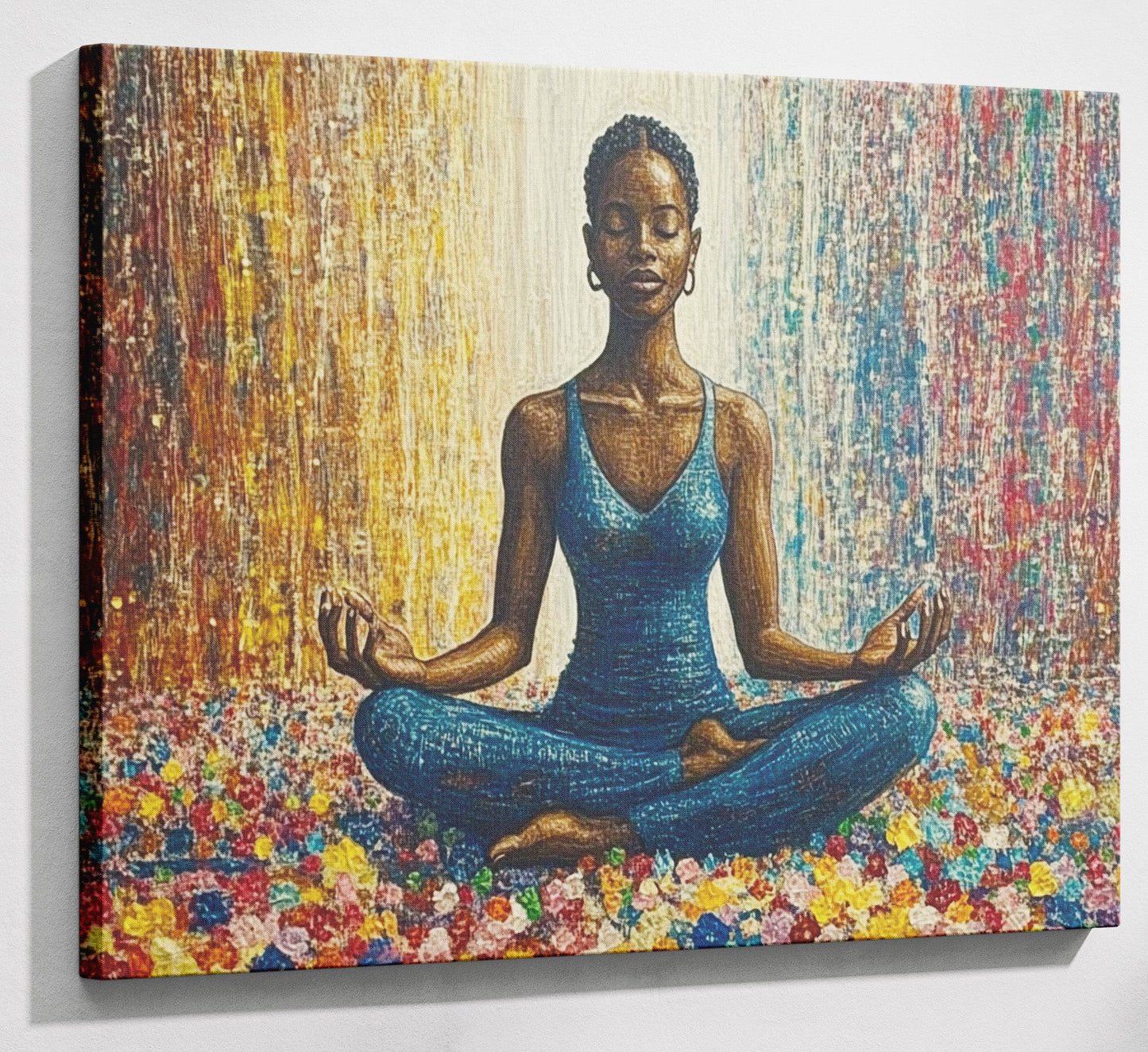 Black Woman Blue Yoga African American wall art canvas print with visible wall art format