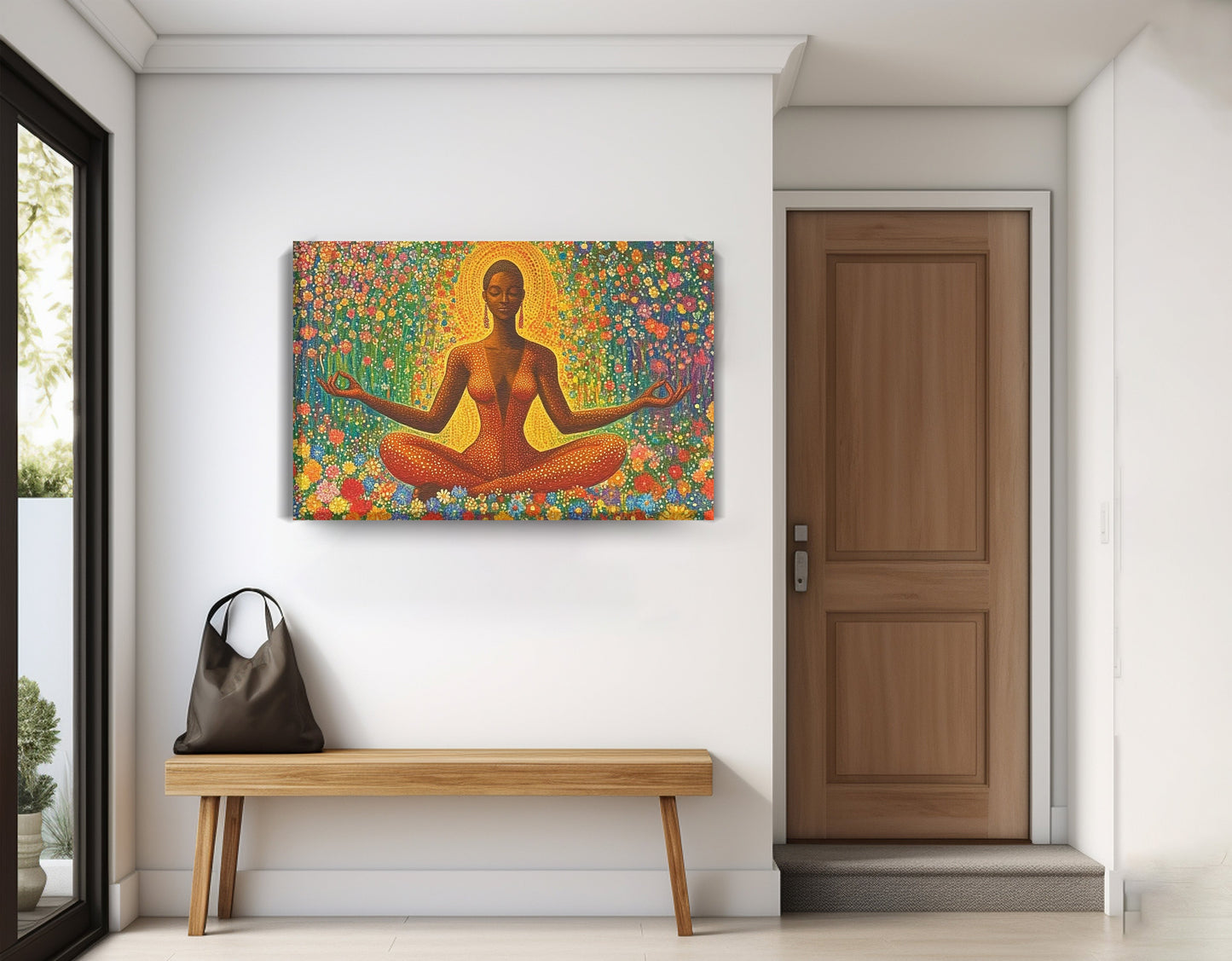 Black Woman Orange Meditation African American wall art displayed as entryway wall decor