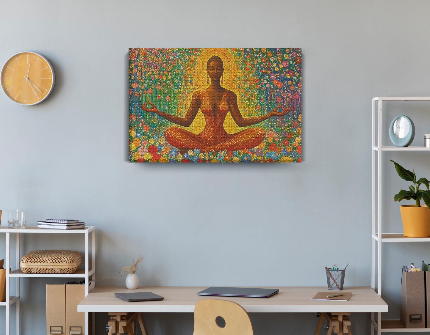 Black Woman Orange Meditation African American wall art displayed as office wall decor