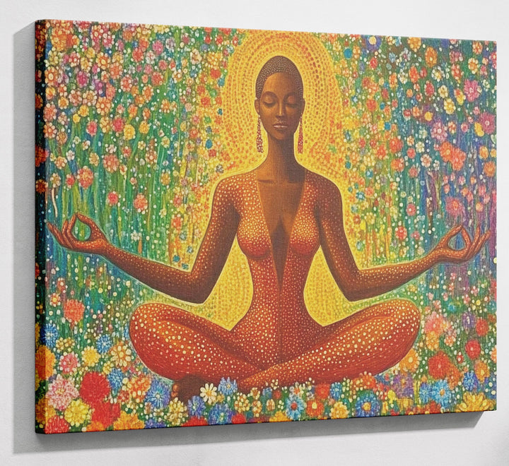 Black Woman Orange Meditation African American wall art canvas print with visible wall art format