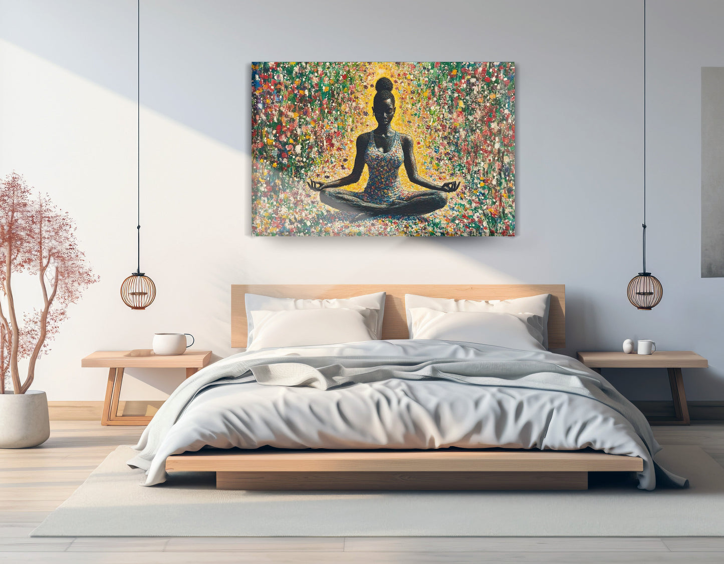 Black Woman Floral Meditation African American wall art displayed as bedroom wall decor