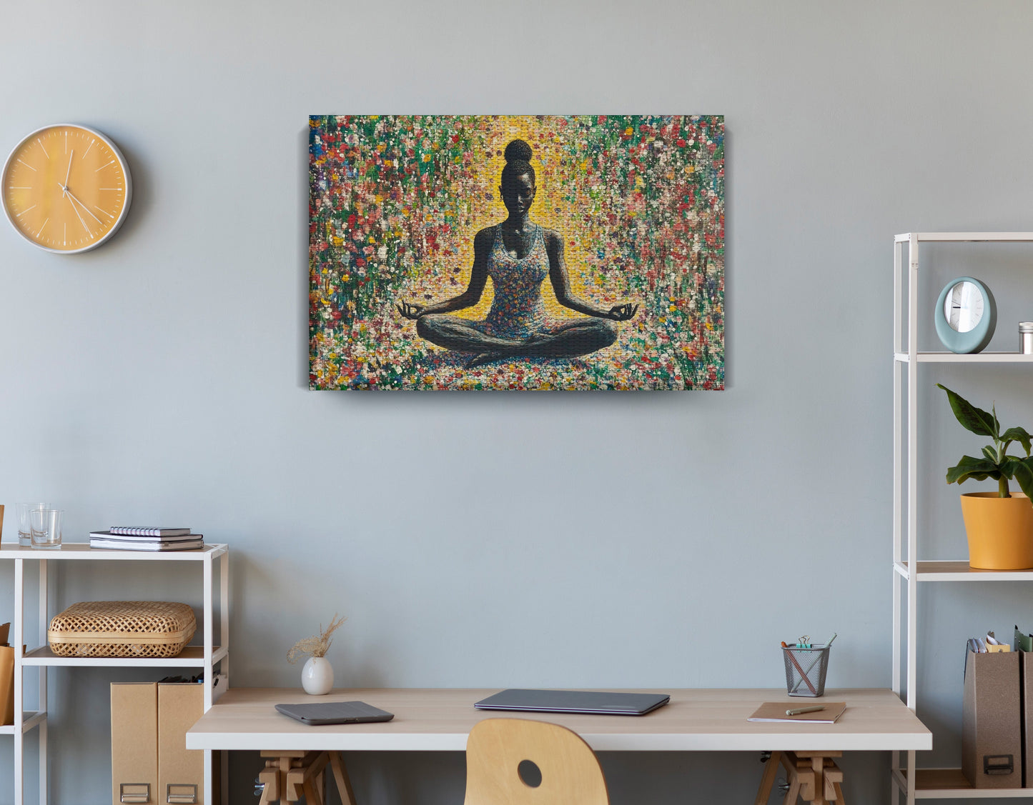 Black Woman Floral Meditation African American wall art displayed as office wall decor