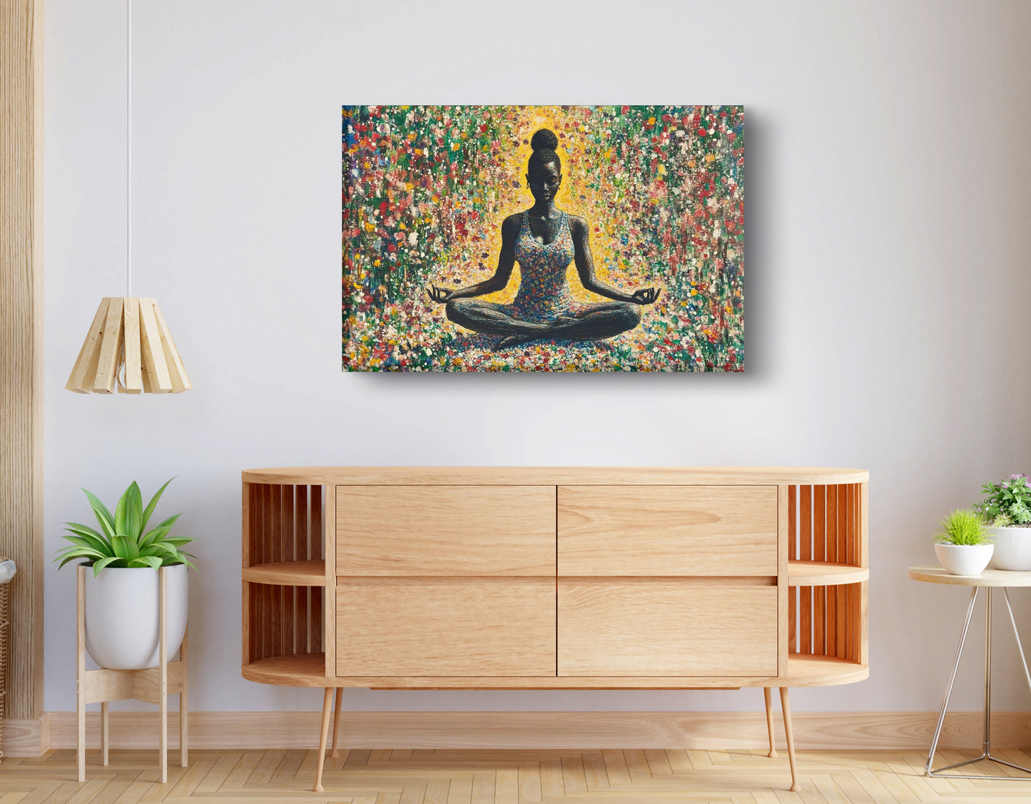 Black Woman Floral Meditation African American wall art displayed as living room wall decor