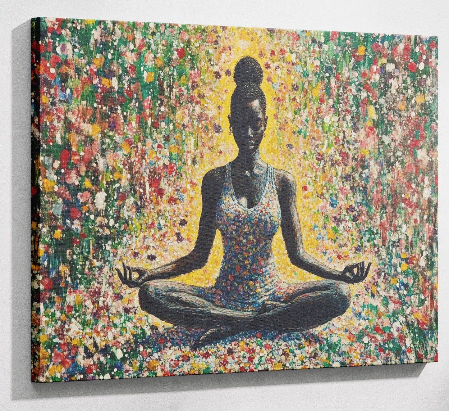 Black Woman Floral Meditation African American wall art canvas print with visible wall art format