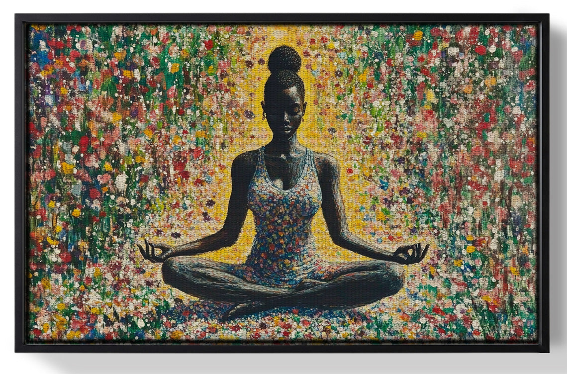 Framed Black Woman Floral Meditation African American wall art for home decor