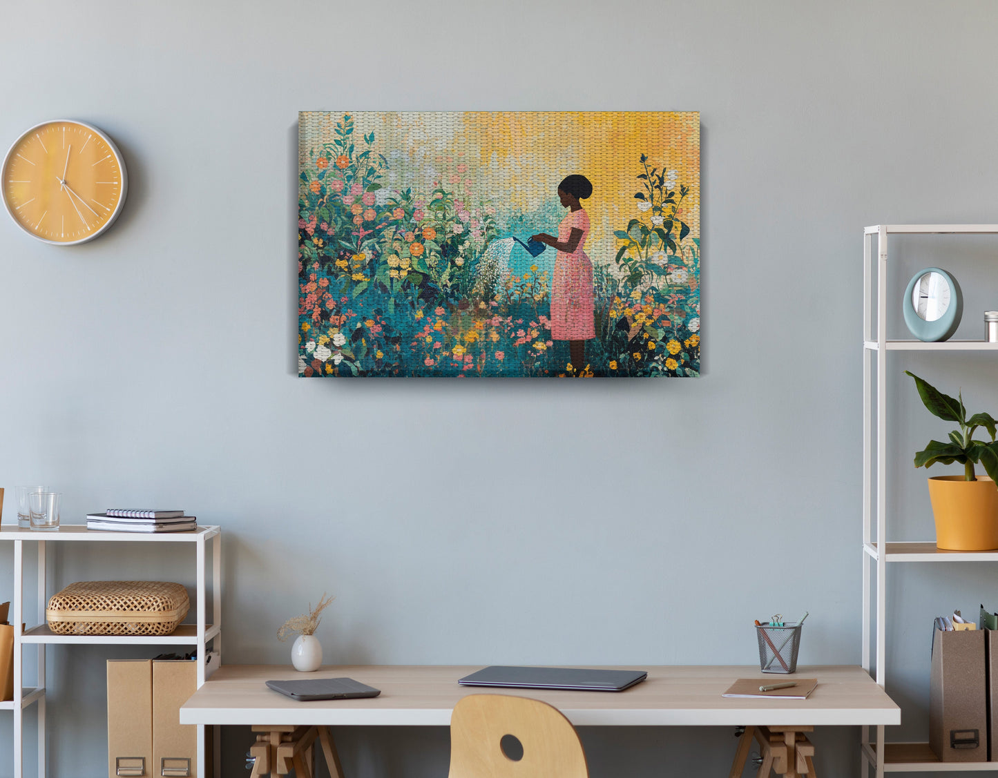 Black Girl Reading Garden Black children wall art displayed as office wall decor