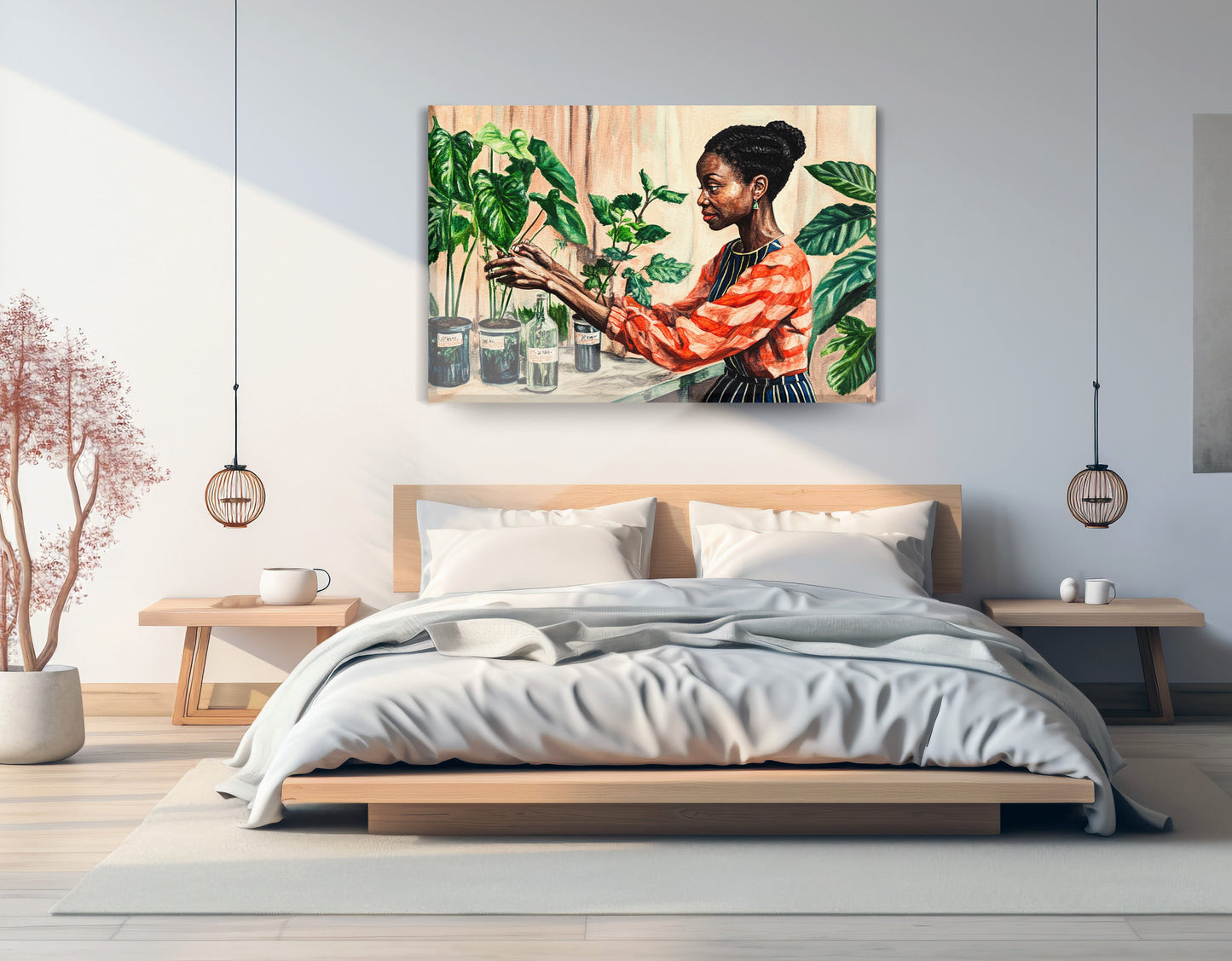 Black Woman Plant Lover African American wall art displayed as bedroom wall decor