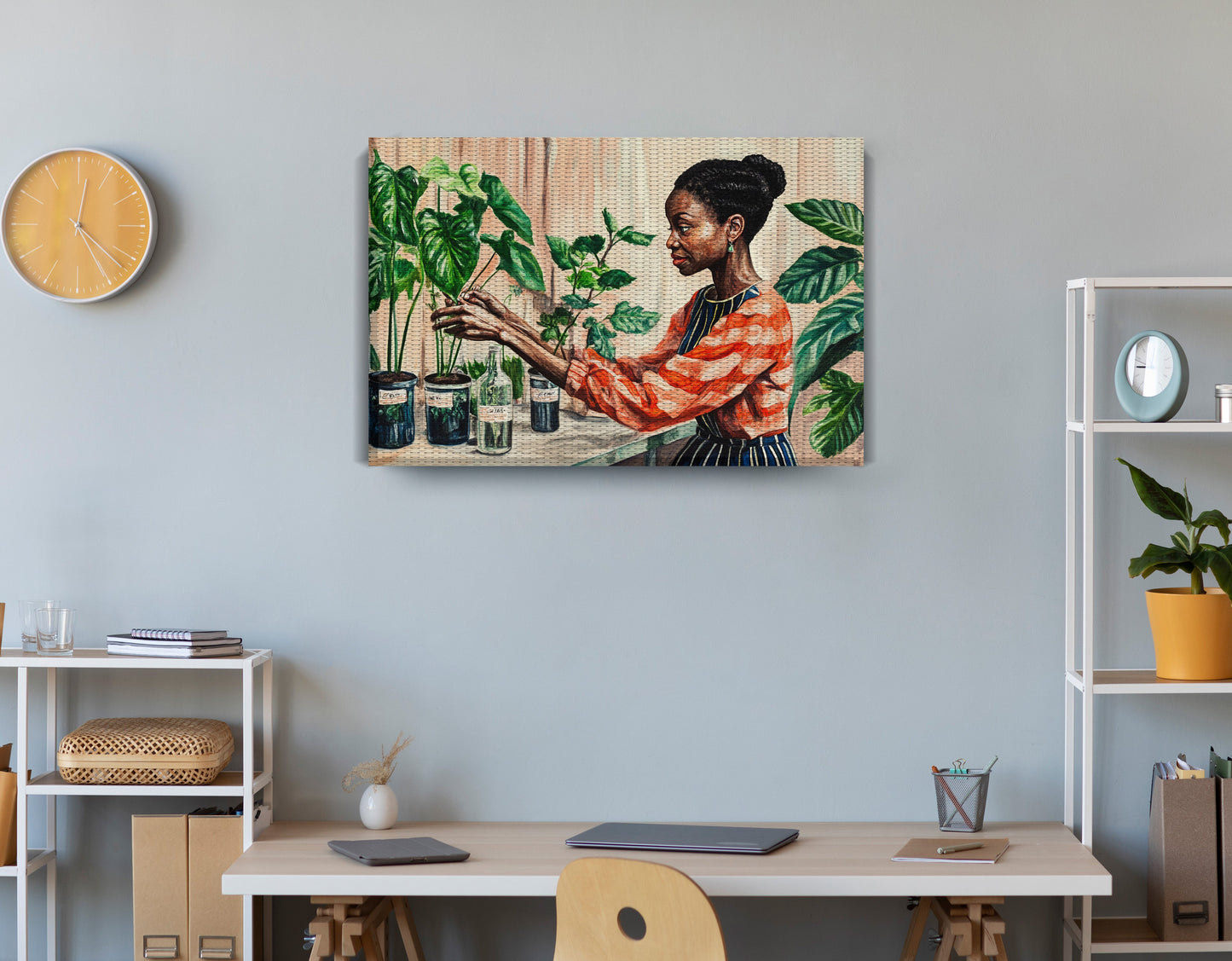Black Woman Plant Lover African American wall art displayed as office wall decor