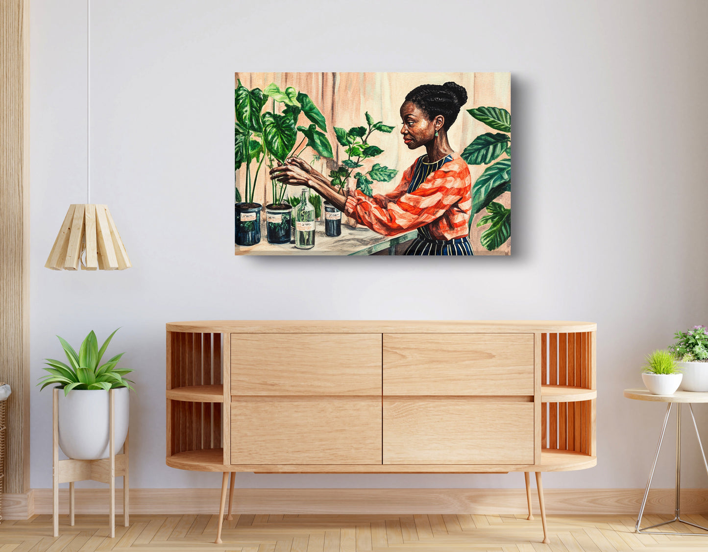 Black Woman Plant Lover African American wall art displayed as living room wall decor