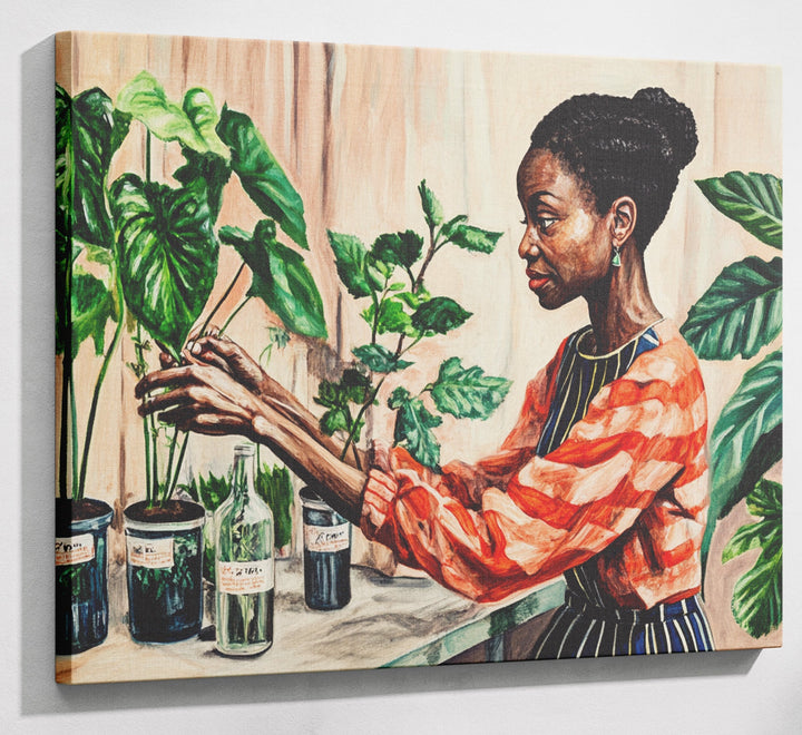 Black Woman Plant Lover African American wall art canvas print with visible wall art format