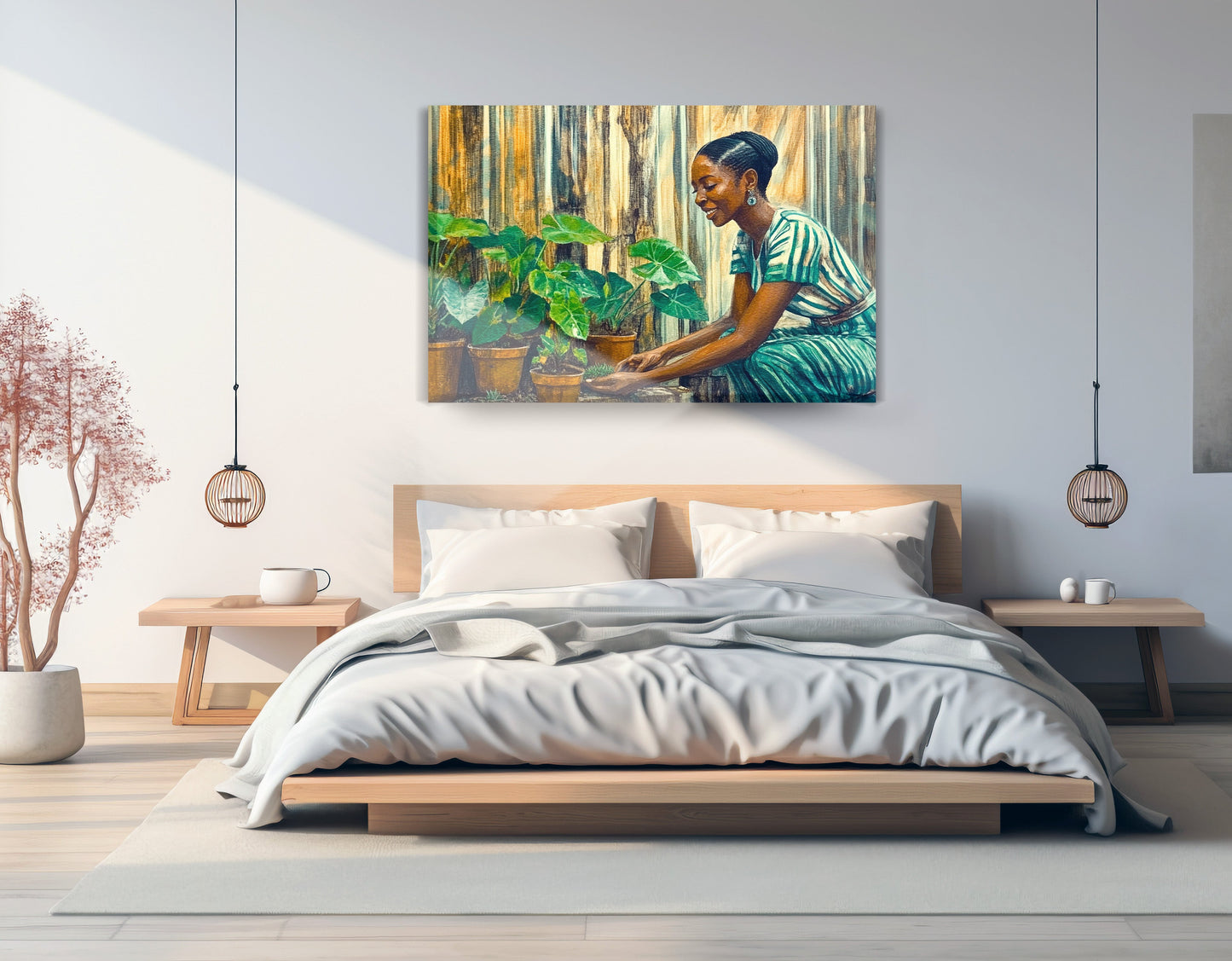 Black Woman Indoor Garden African American wall art displayed as bedroom wall decor