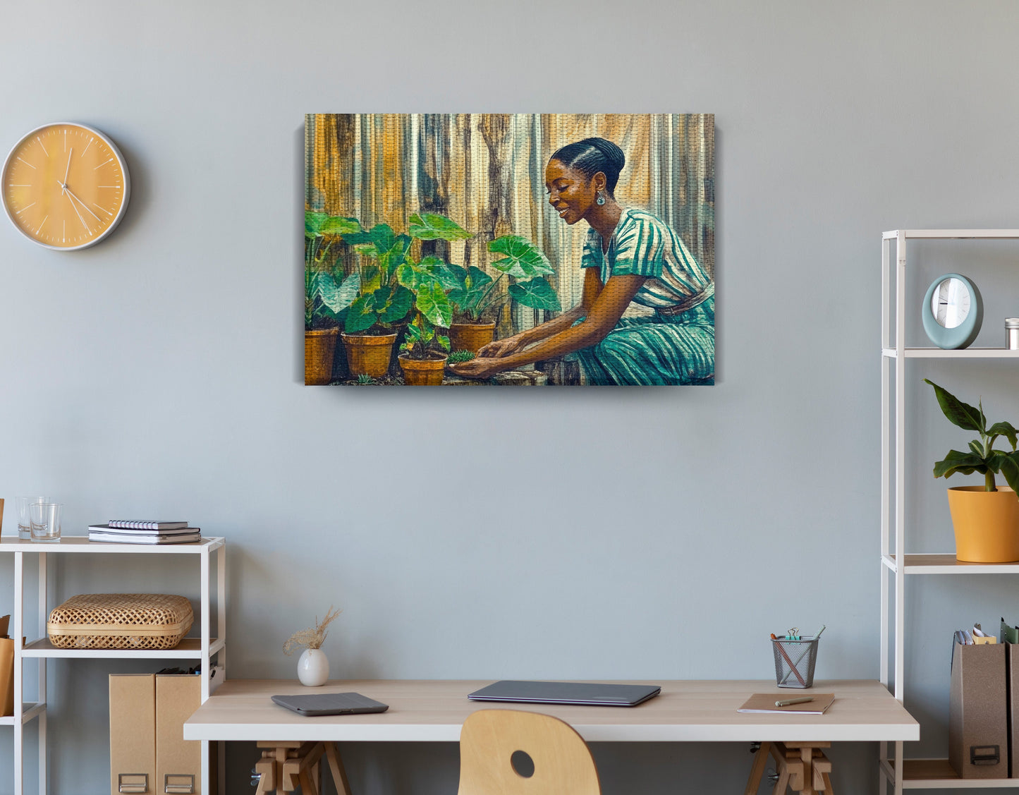 Black Woman Indoor Garden African American wall art displayed as office wall decor