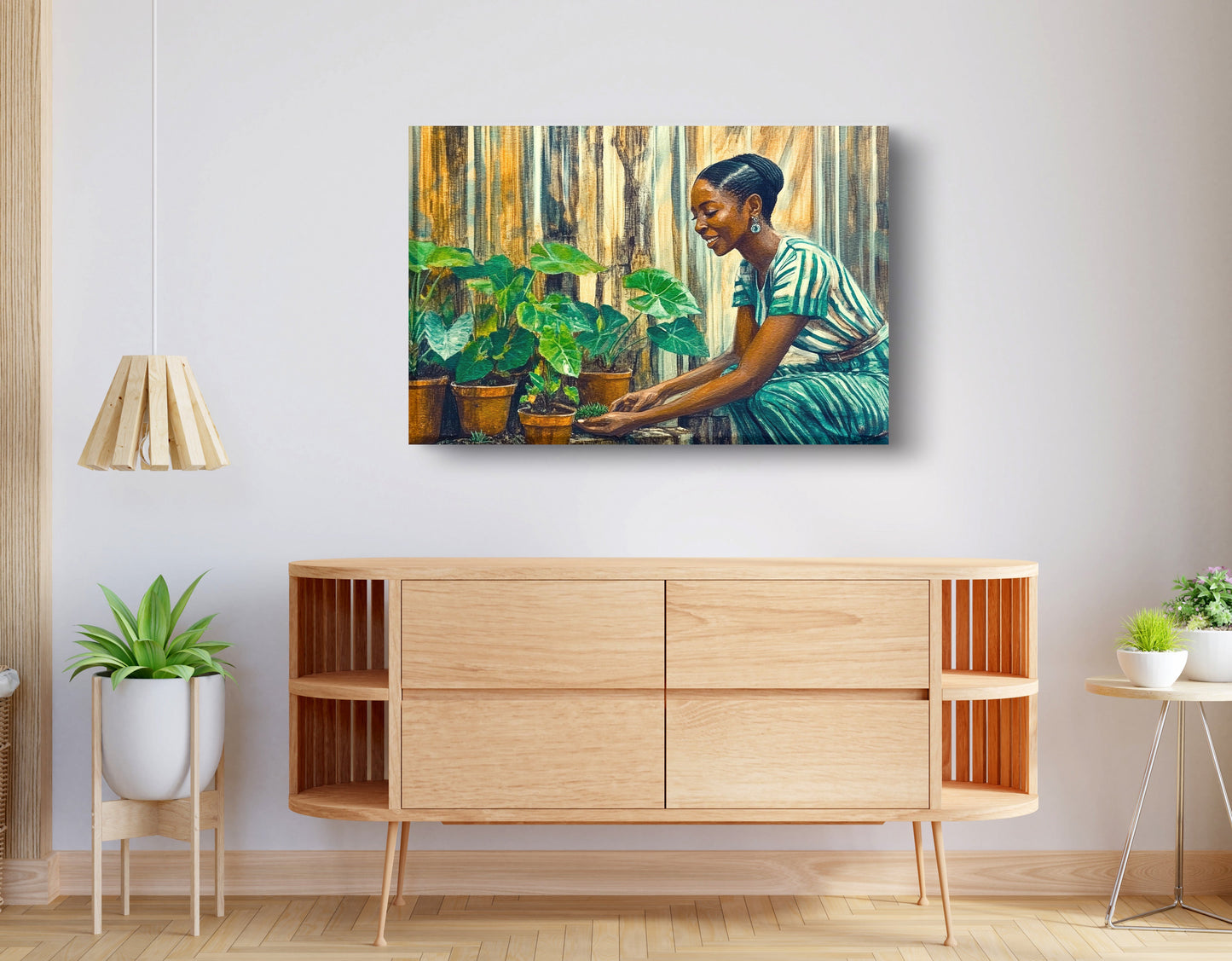 Black Woman Indoor Garden African American wall art displayed as living room wall decor