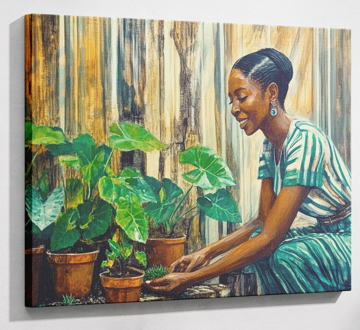 Black Woman Indoor Garden African American wall art canvas print with visible wall art format