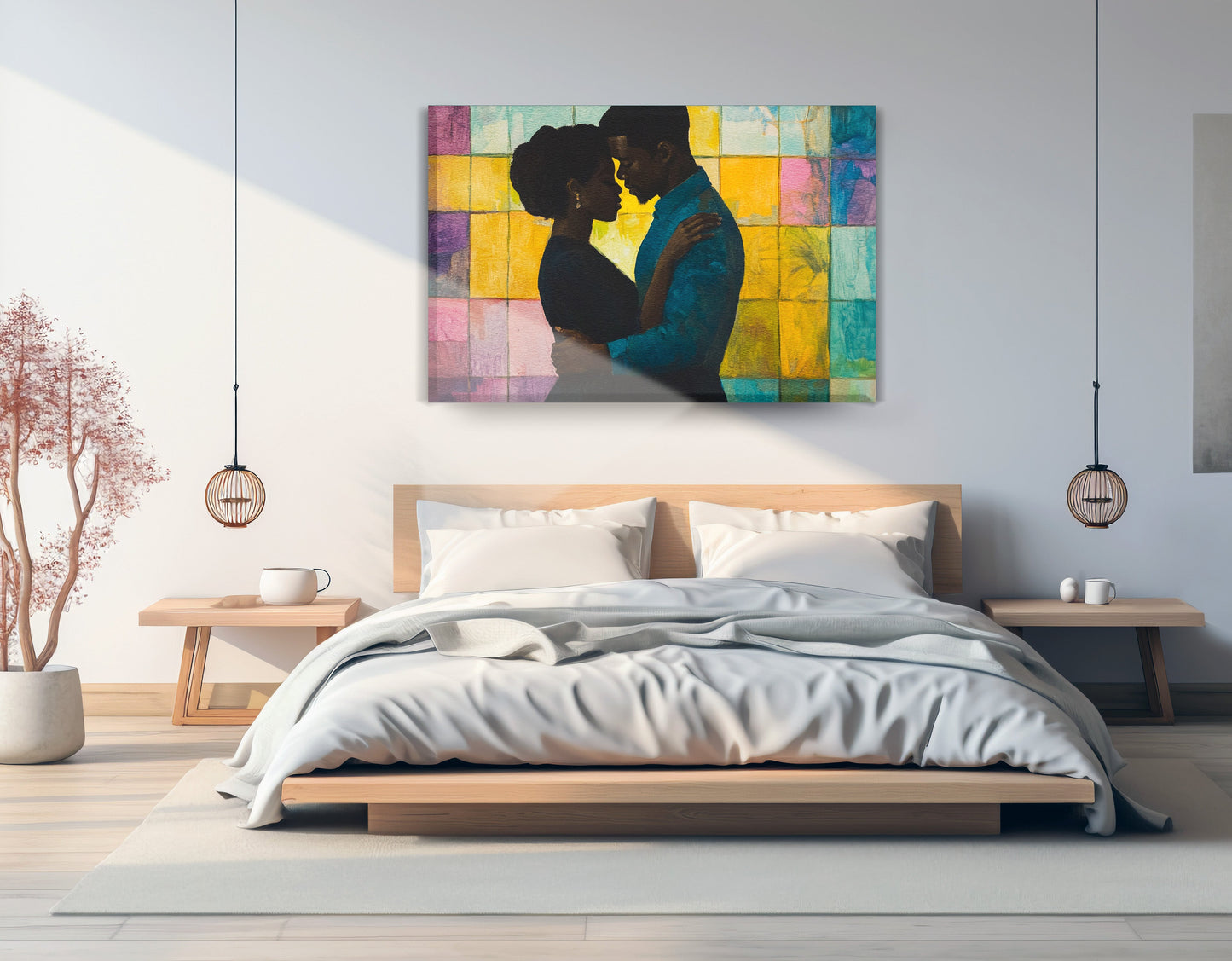 Black Couple Stained Glass Black love wall art displayed as bedroom wall decor