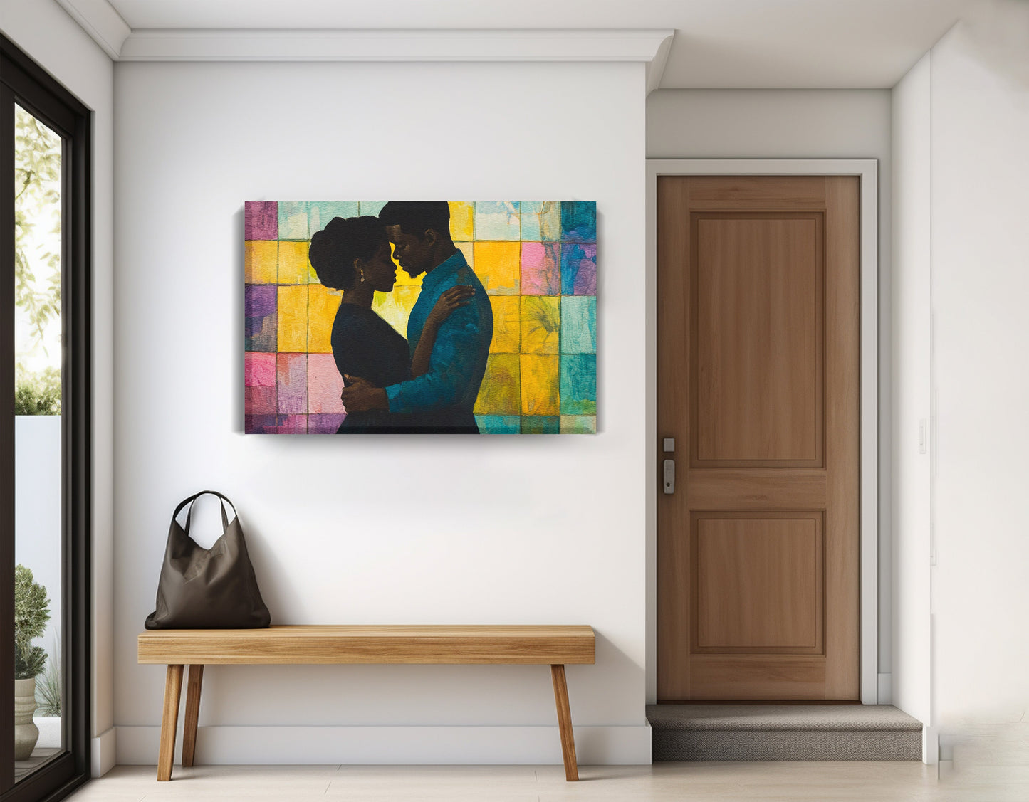 Black Couple Stained Glass Black love wall art displayed as entryway wall decor