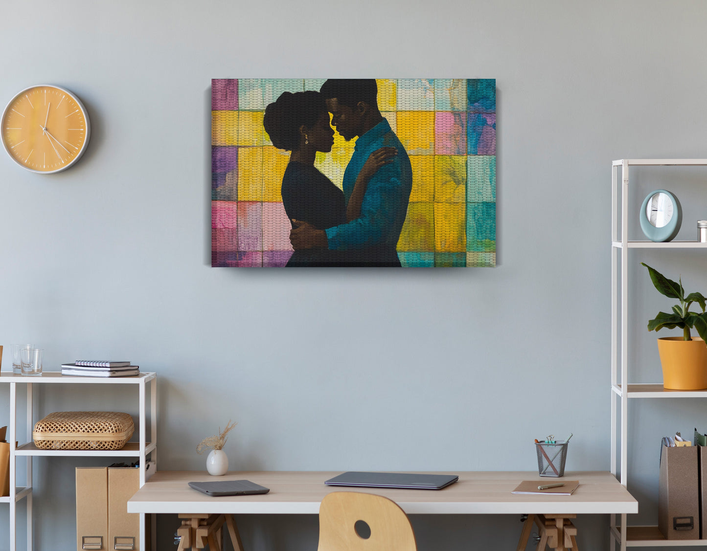 Black Couple Stained Glass Black love wall art displayed as office wall decor