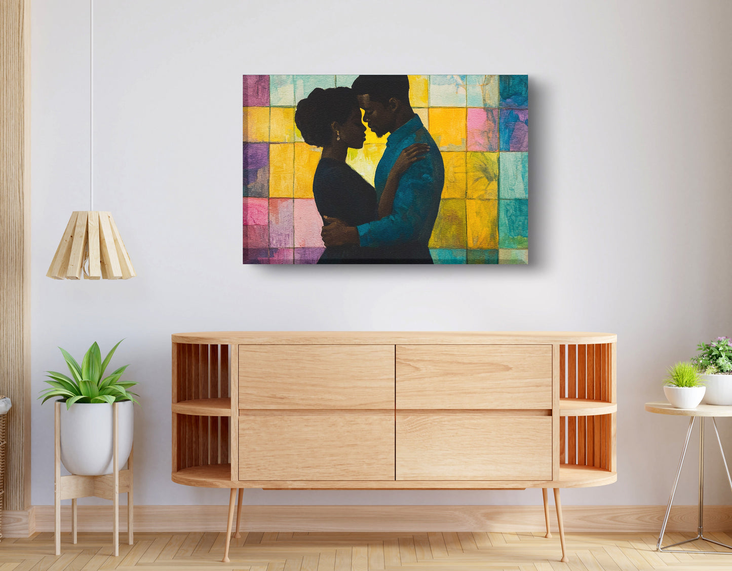 Black Couple Stained Glass Black love wall art displayed as living room wall decor