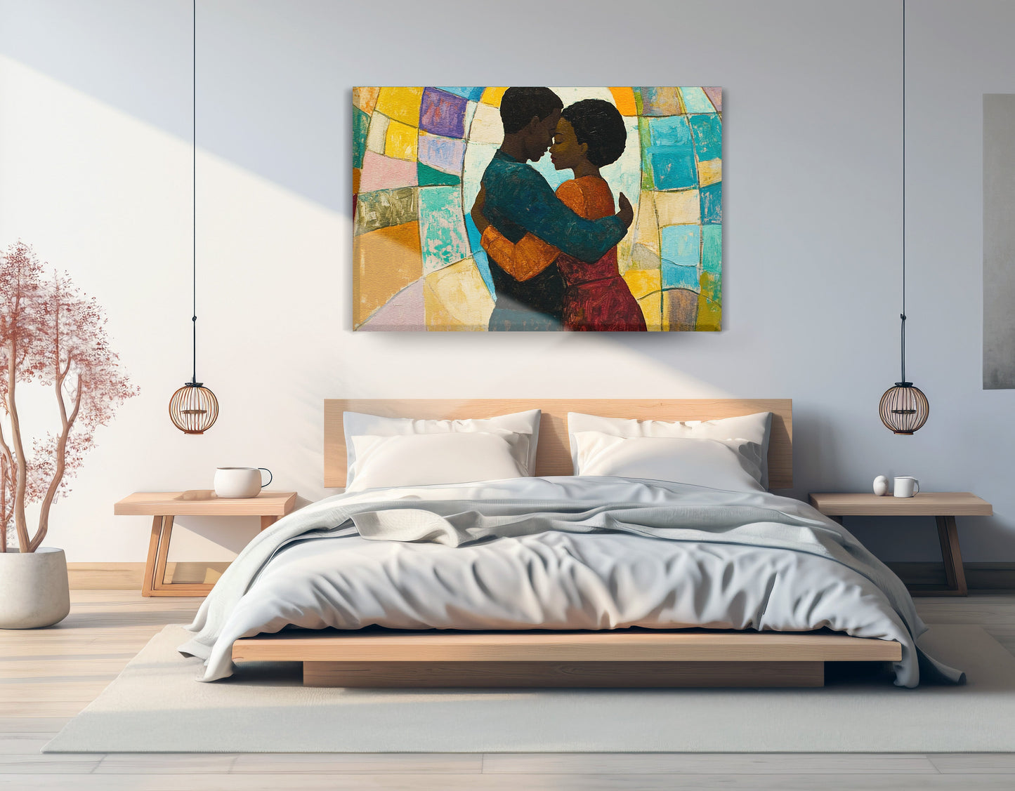 Black Couple Embrace Stained Glass Black love wall art displayed as bedroom wall decor