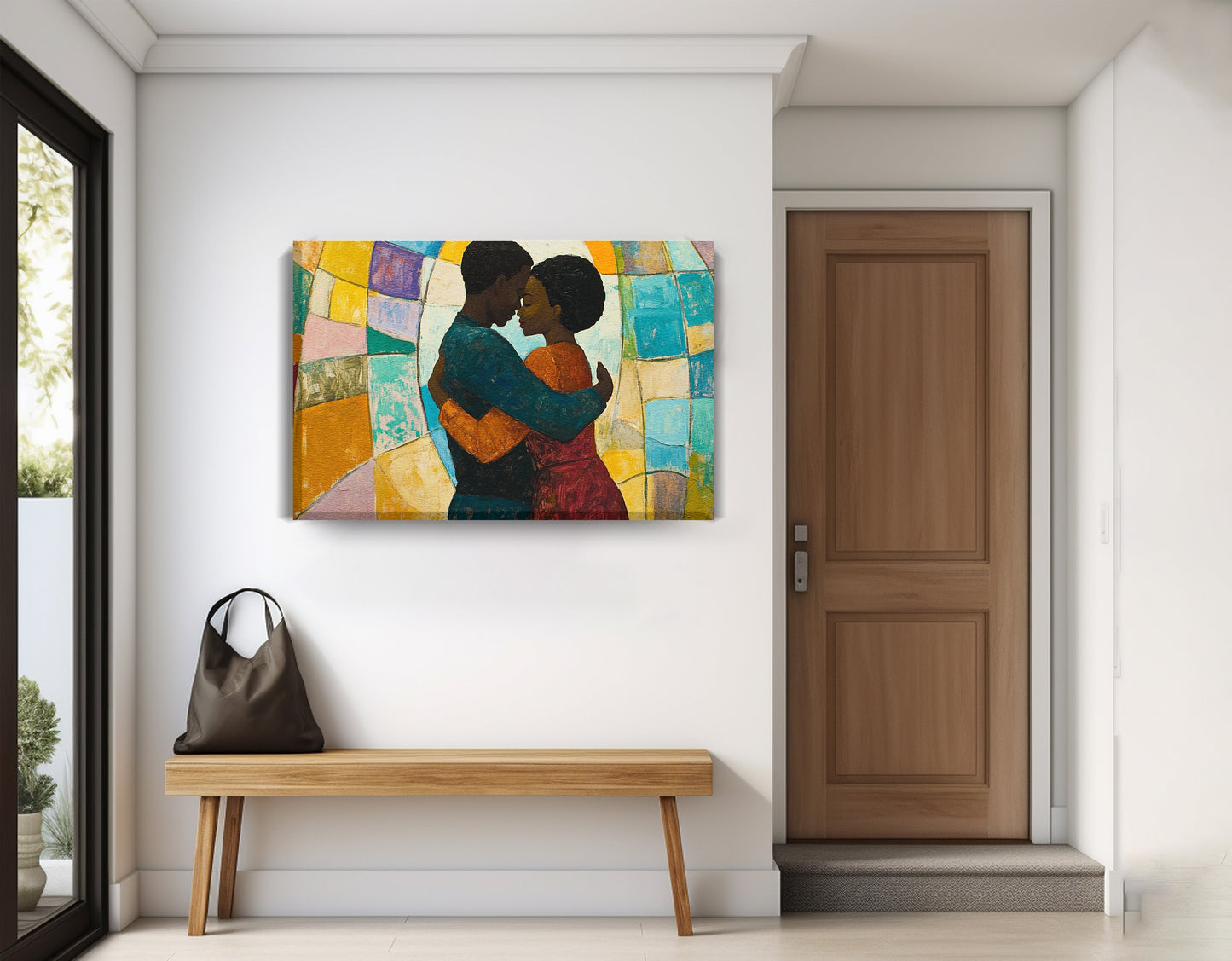 Black Couple Embrace Stained Glass Black love wall art displayed as entryway wall decor